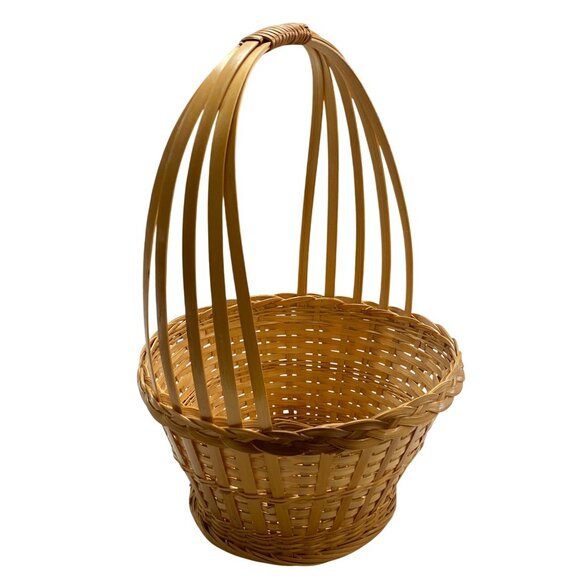 Woven Natural Bamboo Basket With Tall Handle Handmade Picnic Easter Storage - Picture 4 of 6